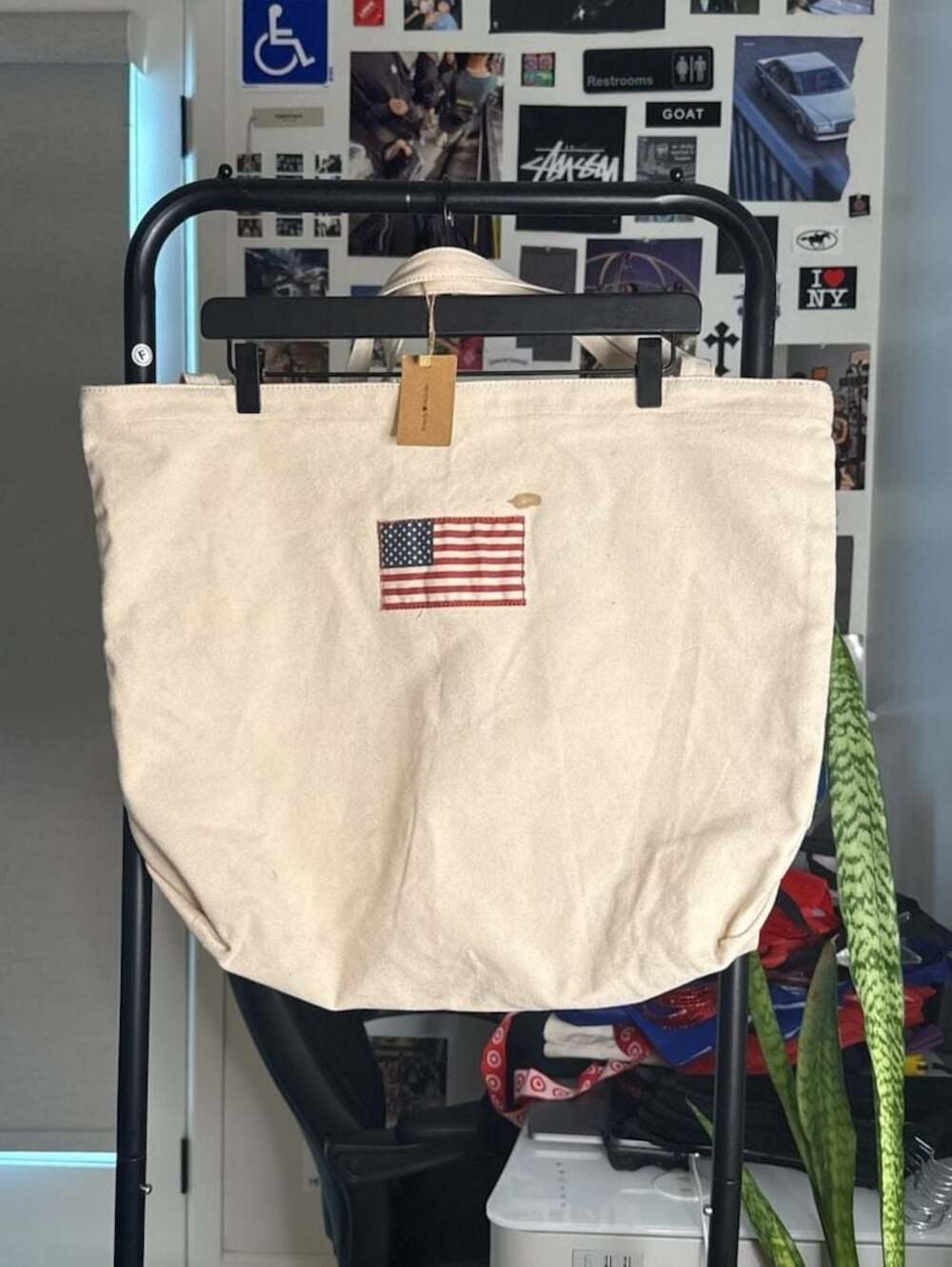 Brandy Melville Cream Canvas Tote Bag with US Flag Patch